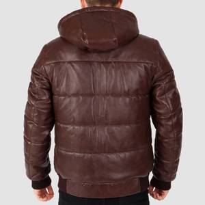 Veste matelassée à capuche marron pour homme avec fermeture éclair en cuir - Veste en cuir marron - Product Image 3