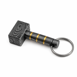 Handmade Damascus Steel Hammer <b>Keychain</b> with Stainless Steel Ring <b>Customized</b> Shape Durable Classic Style Inlay Design Gift - Product Image 1