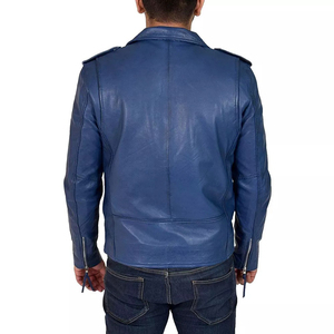 Veste en cuir de vachette bleue pour homme, coupe ajustée, fermeture éclair, col rabattu, streetwear d'automne - Product Image 2