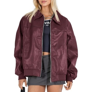 Blouson Bomber Oversize Femme Personnalisé en Similicuir, Veste Vintage Zippée en Cuir PU, Manteau Décontracté Streetwear - Product Image 1