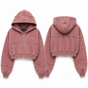 ONE APEX Women's Oversized Cropped <b>Zipper</b> Hoodie Jogger Set Breathable Heavyweight French Terry Cotton Vintage Acid Wash Winter - Product Image 3