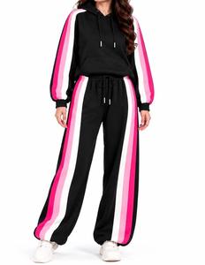 Conjunto Deportivo de 2 Piezas para Mujer, Color Negro, 100% Algodón, Invierno, Sudadera con Capucha y Pantalones Anchos con Cordón y Rayas Laterales - Product Image 1