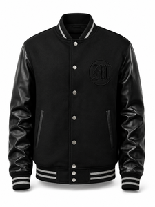 Chaqueta Varsity Negra Unisex, Ecológica, Resistente al Viento, de Lana/Poliéster, con Cuello Camisero, Letra M Bordada en la Parte Delantera, Estilo Casual con Parches - Product Image 2