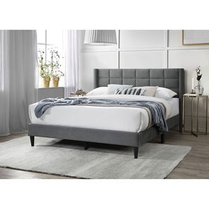 Elegante Letto Moderno Grigio Queen Size con Testiera Imbottita e Design a Cassone, in Lino Spazzolato - Product Image 2