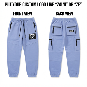 Pantalon de jogging pour homme en molleton de coton et polyester de qualité supérieure, 320 GSM, bleu clair, style cargo, coupe à empiècements, logo tissé personnalisé, streetwear - Product Image 1