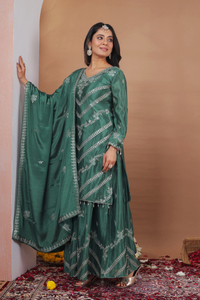 Ladies Fine Crepe Dual <b>Sequin</b> Work <b>Top</b> Plazo Matching Dupatta Set Stitched Indian Ethnic Wear Three Piece <b>Party</b> Suit - Product Image 2