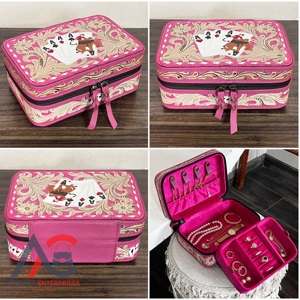 Premium Hand <b>Tooled</b> Floral <b>Pink</b> Leather Makeup organizer Jewelry Case Genuine Cow Leather Poker Card Design Travel Jewelry <b>Box</b> - Product Image 1
