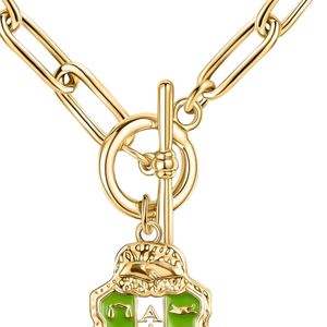 Gold Shield Pendant Toggle <b>Necklace</b> with Green Enamel Detail Link Chain Decorative Crest Charm Women Fashion Jewelry <b>Statement</b> - Product Image 3