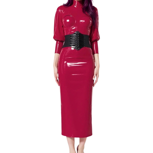 Red PU Bodycon Midi <b>Dress</b> High Neck Three Quarter Puff Sleeve With <b>Black</b> Belt Contrast Color Fitted Sexy Style Party Wear - Product Image 2