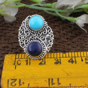 Handmade 925 Sterling <b>Silver</b> Lapis Lazuli Turquoise Bezel Setting Wedding <b>Ring</b> Natural Multi Gemstone Artisan Dotted <b>Statement</b> - Product Image 3