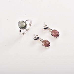 Moku <b>Jewellery</b> Tourmaline Jewelry <b>Set</b> Pendant Earrings Necklace Oval Cabochon Gemstone <b>Pink</b> Stone Drop Silver Tone Gold Tone - Product Image 2