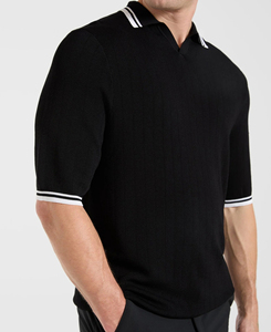 Chemise Homme Noire Tricotée 100% Coton de Haute Qualité à Manches Courtes Couleur Unie Respirante Anti-Plis Décontractée avec Bordure Blanche - Product Image 4