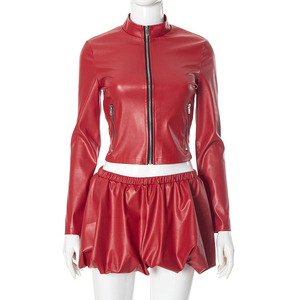 New Fashion Women Clothing Pu Leather Matching Set Casual Short Sleeve <b>Button</b> Top Short <b>Suit</b> Pu Leather 2 Pieces Set - Product Image 4