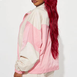 Wholesale <b>Women</b> <b>Pink</b> Beige Color Block <b>Tracksuit</b> Casual Loose Fit Zip Up Windbreaker Jacket and Jogger Pants OEM ODM - Product Image 6