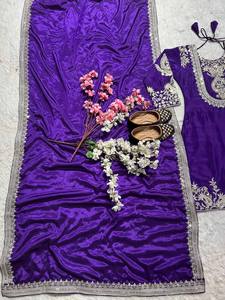Women's Purple Embroidered Traditional Indian Pakistani Ankle-Length <b>Dress</b> With <b>Silver</b> Trim Regular Fit - Product Image 6