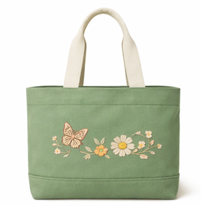 Bolsa de compras promocional de lona de algodón calicó orgánico con logotipo personalizado, asa superior y diseño floral bordado. - Product Image 4