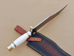 Couteau Bowie à lame fixe en acier inoxydable sur mesure, couteau de chasse d'extérieur, fourreau en cuir, manche blanc, pommeau doré - Product Image 6