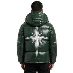 Wholesale Emerald Forest Green Star Long Sleeves Motif Puffer Jacket High Shine Satin Warm Poly Wadding Hood Casual Day <b>Wears</b> - Product Image 2