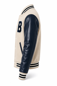 Chaqueta Varsity Unisex Beige con Mangas de Cuero Azul Marino, Letra B Bordada en el Frente, Cuello Camisero, Corte Regular, Diseño de Parches Invernal - Product Image 4