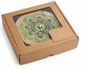 Boîte de rangement ronde en métal avec couvercle floral mandala vert, design bohème fait main pour le salon - Product Image 6