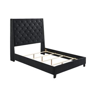 Letto matrimoniale imbottito in stile contemporaneo con pannelli, testiera capitonné con bottoni e finiture a punta, colore nero, per camera da letto - Product Image 4