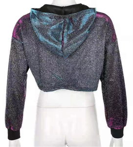 Sweat-shirt court à capuche pour femme, orné de paillettes, coupe oversize à épaules tombantes, pull tricoté d'automne à manches courtes - Product Image 3