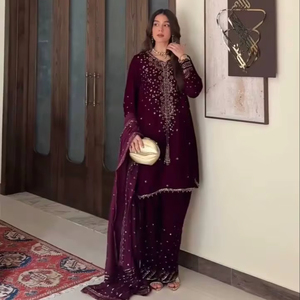 Wine Heavy Roman glass Embroidered Kurta Palazzo Set withThread with sequnce & Designer Lace Dupatta - Product Image 1