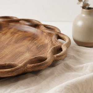 Vintage Luxury Acacia Wood <b>Dinner</b> Plate Hand Carved Braided Rim Decorative Display Dish Premium Round Wooden Salad Serving <b>Tray</b> - Product Image 5