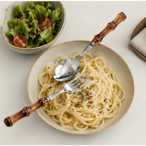 Ensemble de couverts en acier inoxydable de qualité supérieure avec manche en bambou, couverts écologiques pour les dîners raffinés, les mariages et la table à manger à domicile - Product Image 4