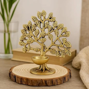 Golden brass tree of life motif oil lamp for home decor and spiritual lighting, available at wholesale prices. - Product Image 1