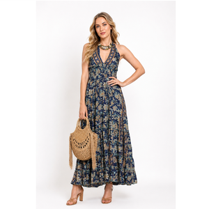 Robe longue en soie pour femme, col halter, imprimé floral, confortable et légère, prix de gros, export en vrac - Product Image 1