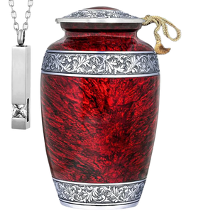 <b>Red</b> Crimson Marble Brass Cremation Urn with Silver Floral Engraved Bands, Elegant Adult Memorial Funeral Urn for Ashes Brass Urn - Product Image 3