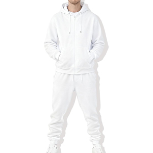 Ensemble de survêtement blanc à capuche pour homme, fermeture éclair intégrale, sweat-shirt et pantalon décontractés, couleur unie, coton, tenue d'automne, coupe classique - Product Image 1