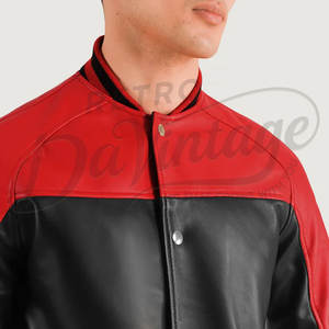 เสื้อแจ็คเก็ตหนังแท้สองสีแดงดำสำหรับผู้ชาย สไตล์เบสบอล พรีเมียม  แบบ Letterman - Product Image 4