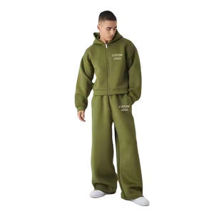Men's Olive Green Hooded Tracksuit <b>Set</b> Full Sleeve Drawstring Closure Windproof 100% Cotton Casual Regular Fit Autumn Wear - Product Image 1