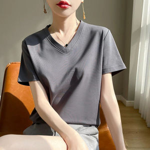 Camiseta de algodón de manga corta con cuello en V para mujer, de color liso, ajuste holgado, informal, top de verano, tejido transpirable - Product Image 2