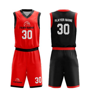 Ensemble d'uniformes de basket-ball personnalisés, rouge et noir, col en V, 100% polyester, séchage rapide, vêtements de sport pour hommes, numéro 30, nom de l'équipe, nom du joueur - Product Image 1
