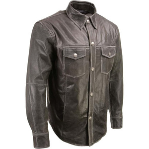 Men's Distressed Grey Casual Biker Rider Leather Shirt w/Vintage 5 Cent Buffalo <b>Buttons</b> - Product Image 1