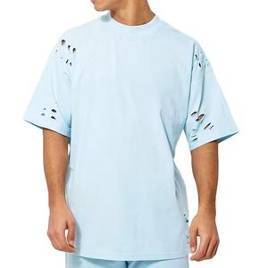 Camiseta de cuello alto para hombre, corte holgado y corto, manga corta, 100% algodón, formal, con lavado ácido, efecto desgastado por el sol, desgastada, tejida y transpirable - Product Image 4