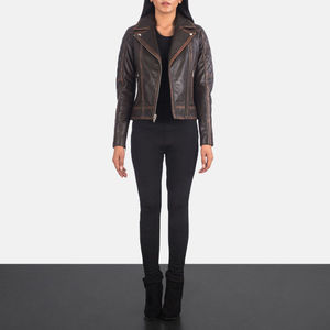 Women Real Leather Jacket Brown Vintage <b>Distressed</b> Moto Asymmetric Zip Slim Fit Coat <b>Top</b> Selling Retro Western Lady Biker Coat - Product Image 2