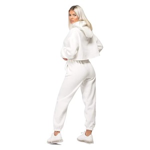 <b>Women</b> White Hooded Crop Top Tracksuit Set Full Sleeve Solid Color Casual Loose Fit <b>Sweatpants</b> With Side Pockets Spring Wear - Product Image 2