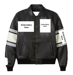 Chaqueta Bomber de Cuero Negra para Hombre con Bordado en el Cuello, Corte Regular, Estilo Moto, Cierre de un Solo Botón, para Otoño - Product Image 4