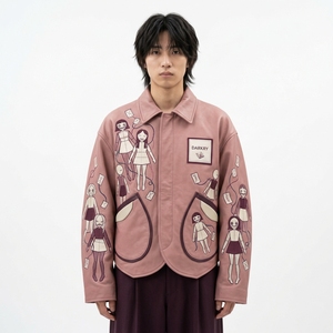 Dusty <b>Pink</b> Cute Doll Envelope Embroidery Lapel Collar Mens Casual Canvas <b>Jacket</b> Scalloped Hem Workwear Outerwear - Product Image 1