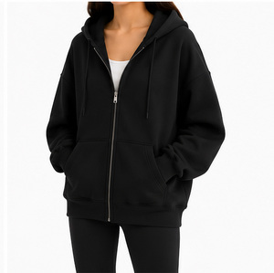 Sweat-shirt en molleton à capuche surdimensionné pour femme, fermeture éclair, marron uni, manches longues, longueur normale, coton respirant, vêtements d'automne - Product Image 2