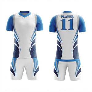 Ensemble de maillots de football pour hommes, blanc et bleu, col en V, manches courtes, sublimé, polyester à séchage rapide, uniformes joueur 11 - Product Image 5