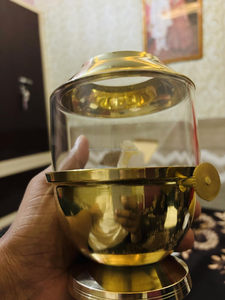 Latón puro Akhand Jyot Diya Art Deco perilla Bati ajustable mecha tornillo de elevación palanca cubierta de vidrio estancia encendida 24 horas Diwali boda - Product Image 6