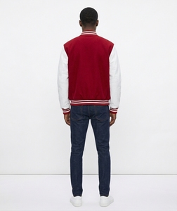 Veste universitaire rouge et blanche pour homme, manches en cuir, fermeture à boutons, coupe classique, col rabattu, doublure en polaire, vêtement d'hiver - Product Image 3