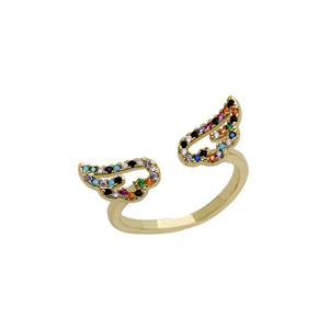 Anillo Ajustable de Plata de Ley 925 con Baño de Oro de 14K y Circonitas Multicolor en Forma de Alas de Ángel, Joyería Fina, Memoria Jewels - Product Image 1
