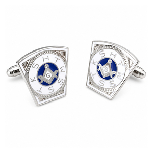 Boutons de manchette maçonniques personnalisés en argent, motif équerre et compas bleu et blanc, pour chemise formelle homme, cadeau de loge - Product Image 1
