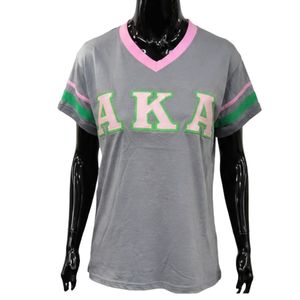 เสื้อยืดคอวีลายทางสีชมพูเทา แขนสั้น พิมพ์ลายตัวอักษร แฟชั่นลำลอง สตรีทแวร์ ขายส่ง - Product Image 1
